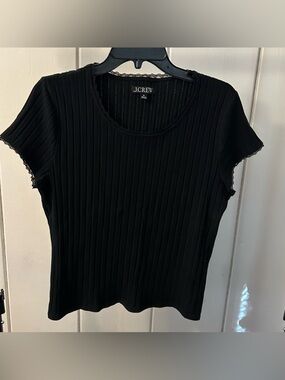 J. Crew Black Ribbed Short Sleeve Tee with Lacey Trim Edge